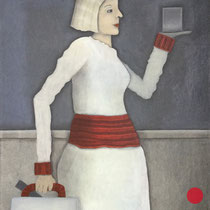 michou hutter, "figur mit tablett", 2018, 50 x 40 cm, oil on cotton – erlas galerie