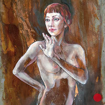 raffaella busdon, "contatto", 2023, 101 x 60 cm, oil & copper leaf on oxidized iron – erlas galerie