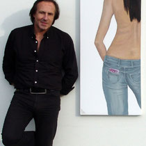 " Left back" 2009 Acrylic on canvas 150 x 50cm - A real € 500 note which sticks out of the jeans pocket.