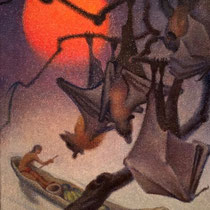 NORBERTINE BRESSLERN-ROTH, Mondaufgang, Fledermäuse, Öl auf Jute, 74x58cm, 1974