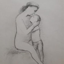 GEORG MERKEL, Mutterliebe, vor 1930, Zeichnung, Kohlestift auf Papier