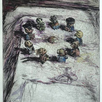 "Sitzung" - Kaltnadel-Radierung - aquarelliert; 32 x 24,5 cm