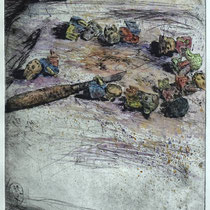 "Umgefallen" - Kaltnadel-Radierung - aquarelliert; 32 x 24,5 cm