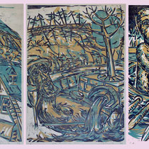 "Des Brunnens Herr" (Triptychon), Farbholzschnitt, jeweils 70 x 50 cm, 3-farbig
