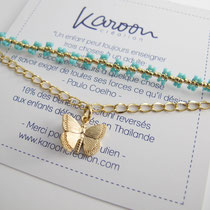 Bracelet perles avec chaîne dorée plaquée or 16k et breloque papillon - Couleur turquoise - 26 euros