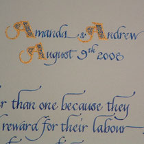 close-up of decorated initials on wedding vows