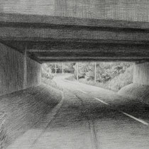 bridge on the road 2, 2017; bleistift auf papier, 12,5x17cm