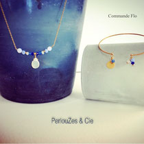 Commande Flo: Déclinaison de bleus avec une pointe de blanc (pierre de lune, calcédoine et perles bleues)