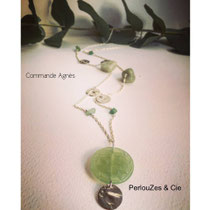 Commande Agnès: sautoir de jade, aventurine sur chaîne & pampilles argent 