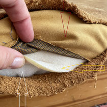 refill-layers: white arrow=polyester wadding to fill the hole / yellow arrow=layer of soft wadding mat to make a smooth straight back for... / brown arrow=...the leather-look-alike-fabric