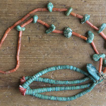 4382 Navajo/Pueblo Coral and Turquoise Necklace w/Jaclas c.1940's 27" $850