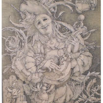 "Coviello", (Komedie del Arte). Bleistift auf Hartfaserplatte; 42 x 52 cm; 2024.