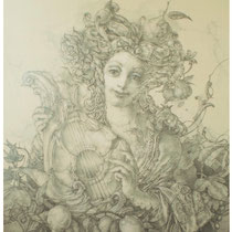 "Dame mit Mandoline". Bleistift auf Hartfaserplatte, 64 x 70 cm; 2023.