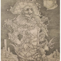 "Harlekin",(Komedie del Arte). Bleistift auf Hartfaserplatte; 42 x 52 cm; 2024.