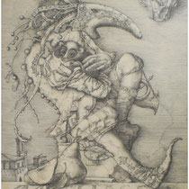 "Pagliaccio", 45 x 55 cm; Bleistift auf Hartfaser; 2013.