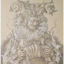 "Bohnennarr", 50 x 55 cm; Bleistift auf Hartfaser; 2021.