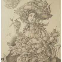 "Ortolana", (Komedie del Arte). Bleistift auf Hartfaserplatte; 42 x 52 cm; 2024.