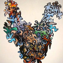 Vrije uitloop kip, 70x90cm, collage op doek, verkocht