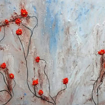 Goudsbloemen, 90x120cm, gemengde technieken, verkocht