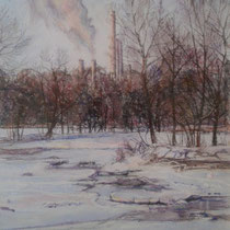 Isar mit Heizkraftwerk Süd Sendling - Pastell - 40 x 50 cm