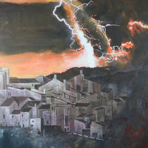 Bergdorf vor Vulkan, Südamerika  - Acryl Mischtechnik - 80 x 120