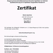 Zertifikat "Hydrochlorothiazid-Kapseln" | Marien-Apotheke Reken