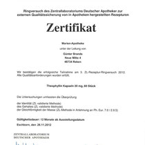 Zertifikat "Theophyllin-Kapseln" | Marien-Apotheke Reken