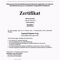 Zertifikat "Captopril.Kapseln" | Marien-Apotheke Reken