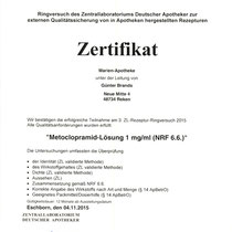 Zertifikat "Metoclopramid-Lösung" | Marien-Apotheke Reken