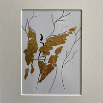 Alltagsengel IV, VERKAUFT Blattgold und Tusche auf Papier, in goldfarbenem Rahmen, inkl. Rahmen  32 x 23 cm