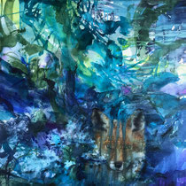 "Geheimnis" (Fuchs im Holunder verborgen). Aquarell und Öl auf Leinwand. 80 x 80 cm. 2023. (verkauft)