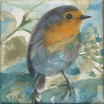 "Im Efeu 1" (Rotkehlchen) 10 cm x 10 cm. Mixed Media auf Leinwand. 2024