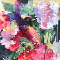 "Amselversteck" 2022 Aquarell und Mixed Media auf Leinwand. 40 cm x 40 cm (verkauft)