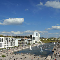 Architekturvisualisierung der Hafenbebauung am Phoenix See in Dortmund. Fotomontage.