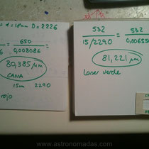 Recalculando. Pelo de cana con ambos resultados (láser verde y rojo). A penas hay variación, la resolución e la regla no es muy fina sobre todo porque el verde deslumbra mucho y es aproximado.