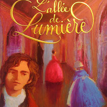 Calligraphie romantique et dorée à chaud, du titre "L'allée des lumières" d'Annie Pietri, illustré par Nathalie Novi, Bayard