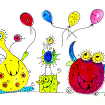 Funny Art, Monster-Party, Aquarell von Ursula Konder, UKo-Art