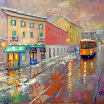 Tram in via Gorizia a Milano - Olio su tavola 50x40 (Codice M14 )