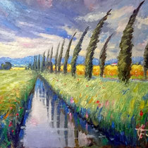 "La danza dei cipressi" olio su tavola 50x40 (Codice 273)
