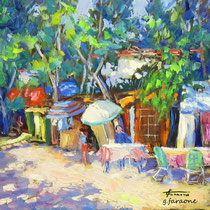 "Campeggiatori" olio su tavola in legno cm 25x25 (Codice 281)