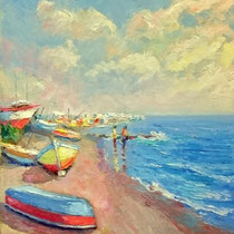 Barche a riposo, olio su tavola 50x40 (Codice 264)