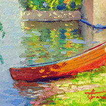 Pescarenico Barca rossa - olio su tavola cm 40x20 (Codice 222)