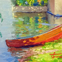 "Barca rossa a Pescarenico" olio su tavola cm 40x20 (Codice 252)
