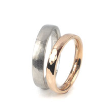 Trauringe in Platin 950/000 3.5 mm + Rotgold 585/000 gehämmert matt + glanz