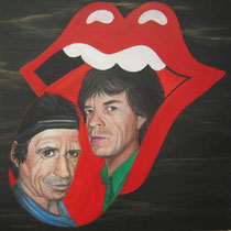 The Stones. Onverwoestbaar, Keith en Mick, rockend door het leven. Zingend en swingend altijd weer doorgaand, gedreven door de kick.  50/50 cm.    € 225