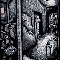 Interior en blanco y negro (Esta vida de cerdos VII), 2007. Tinta sobre papel, 54x33 cm