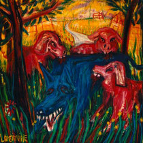 La venganza de los cerdos, 2001. Acrílico y óleo pastel sobre tela, 172x169 cm