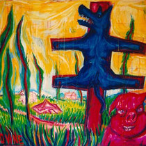 Justiia en el bosque, 2002. Acrílico y óleo pastel sobre tela. 231x165 cm
