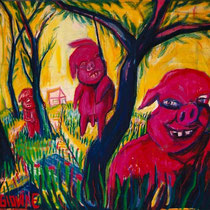 Mientras el lobo no está, 2002. Acrílico y óleo pastel sobre tela, 207x160 cm