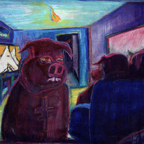 Esta vida de cerdos III, 2003. Acrílico y óleo pastel sobre tela 140x100 cm